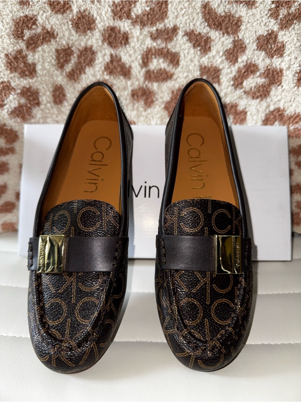 NIB Calvin Klein Brown Monogram Loafers with Gold Accent